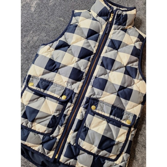 J Crew Down Puffer Vest Womens XXS Navy Cream Buffalo Check Classic Preppy - Picture 1 of 11